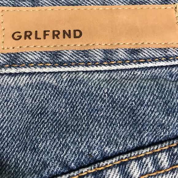 GRLFRND Denim Mini Jean Skirt Distressed Frayed Hem Offset Front Hem Size 26 - Picture 5 of 6